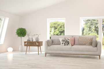 Stylish room in white color with sofa and summer landscape in window. Scandinavian interior design. 3D illustration