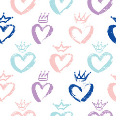 Vector Seamless Pattern of Crowns and Hearts. Messy Baby Princess and Prince crown, heart for kids room, child decor print, scrapbook. Linear doodle art on white background © Juls Dumanska