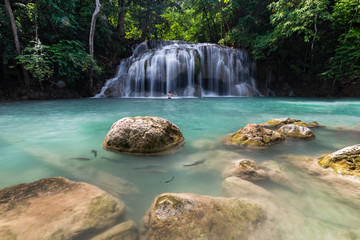 Amazing beautiful Erawan waterfall in the rainforest park in Thailand,Erawan National Park