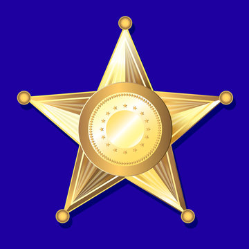 Vector illustration. Gold five-pointed star. Sheriff, police sign.
