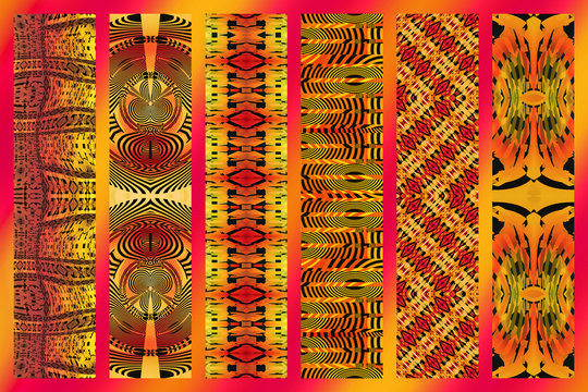 Mood board of African fabrics, isolated, colored background