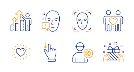 Fototapeta premium Employee results, Friends couple and Touchscreen gesture line icons set. Heart, Face attention and Engineer signs. Face detection, Gift symbols. Chart, Friendship. People set. Vector