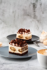Tiramisu - Classical dessert with mascarpone and coffee. Delicious Tiramisu cake on a darck plate on a light marble background. Vertical photo.