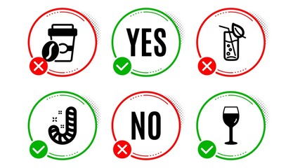Candy, Takeaway coffee and Water glass icons simple set. Yes no check box. Wine glass sign. Lollypop, Roasted bean, Soda drink. Food and drink set. Candy icon. Check mark. Vector