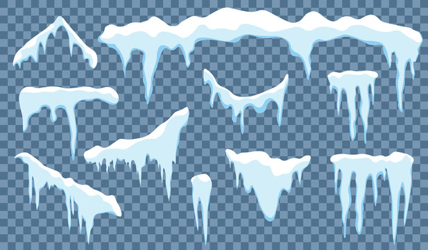 Snow caps and snowdrifts set. Snow cap vector collection. Winter decoration element. Snowy elements on winter background. Cartoon template. Snowfall and snowflakes in motion.