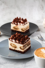 Tiramisu - Classical dessert with mascarpone and coffee. Delicious Tiramisu cake on a darck plate on a light marble background. Vertical photo.