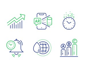 Time management, World water and Time line icons set. Demand curve, Augmented reality and Graph chart signs. Alarm clock, Aqua drop, Clock. Statistical report. Science set. Vector