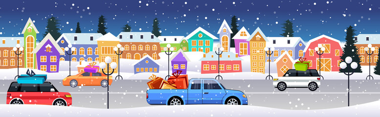 cars with gift boxes driving road over winter city street merry christmas happy new year holiday celebration concept snowy town snowfall cityscape background horizontal vector illustration