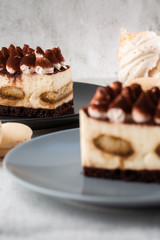 Tiramisu - Classical dessert with mascarpone and coffee. Delicious Tiramisu cake on a darck plate on a light marble background. Vertical photo.