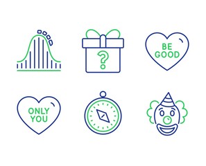 Be good, Secret gift and Roller coaster line icons set. Only you, Travel compass and Clown signs. Love sweetheart, Unknown package, Attraction park. Love heart. Holidays set. Vector © blankstock