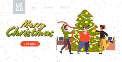 people dancing near christmas tree merry xmas happy new year holiday celebration concept office workers having fun corporate party greeting card horizontal copy space full length vector illustration