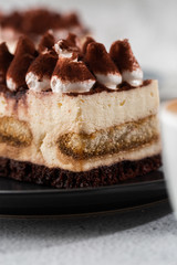 Tiramisu - Classical dessert with mascarpone and coffee. Delicious Tiramisu cake on a darck plate on a light marble background. Vertical photo.