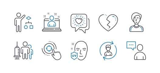 Set of People icons, such as Friends chat, Broken heart, Uv protection, Human resources, Medical vaccination, Best manager, Businesswoman person, Seo target, Algorithm, Users chat. Vector