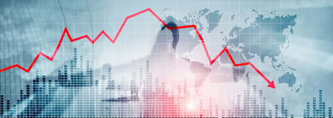 Chart with red down arrow on abstract background. Falling growth in business