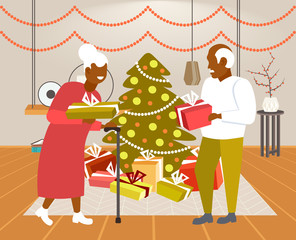 senior african american couple giving gift present boxes to each other merry christmas happy new year winter holidays celebration concept modern living room interior full length horizontal vector