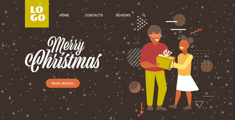 father giving gift present box to daughter merry christmas happy new year winter holidays celebration concept greeting card horizontal full length vector illustration