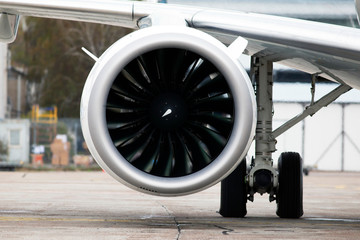 Modern turbofan (fanjet) airplane engine. Airbreathing jet engine, closeup - obrazy, fototapety, plakaty