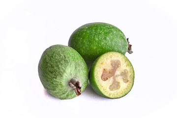 Tropical fruit feijoa (Acca sellowiana) isolated on white background.