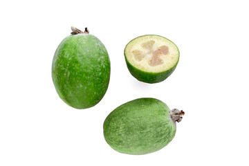 Tropical fruit feijoa (Acca sellowiana) isolated on white background.