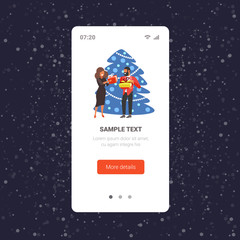african american couple giving gift present boxes to each other merry christmas happy new year winter holidays celebration concept smartphone screen online mobile app full length vector illustration