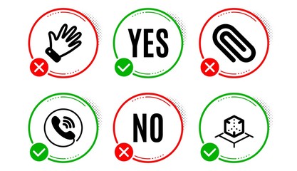 Paper clip, Hand and Call center icons simple set. Yes no check box. Augmented reality sign. Attach paperclip, Waving palm, Phone support. Virtual reality. Business set. Paper clip icon. Vector
