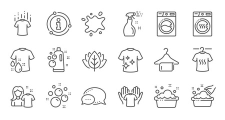 Fototapeta premium Laundry line icons. Dryer, Washing machine and dirt shirt. Laundromat, hand washing, laundry service icons. Linear set. Quality line set. Vector