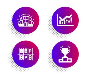 Parking place, Financial diagram and Arena stadium icons simple set. Halftone dots button. Winner podium sign. Transport, Candlestick chart, Competition building. Competition results. Vector