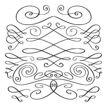 Borders and certificate swirl dividers. Vintage calligraphy style. Curve ornamental decor, vignettes.