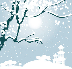 Fototapeta na wymiar Vector illustration of winter snow landscape in Chinese style with snow-covered tree and silhouette of Chinese pagoda on the horizon