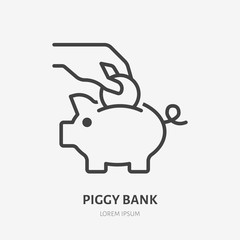 Piggy bank line icon, vector pictogram of hand putting coin into toy piggybank. Save money concept, economy illustration, financial account sign