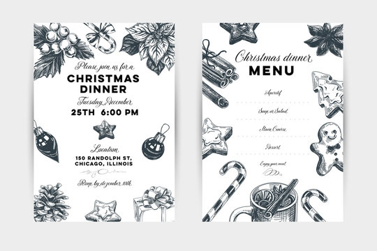Christmas dinner hand drawn vector invitation and menu template