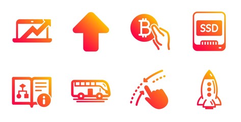 Ssd, Sales diagram and Bus tour line icons set. Upload, Bitcoin pay and Technical algorithm signs. Swipe up, Rocket symbols. Memory disk, Sale growth chart. Technology set. Vector