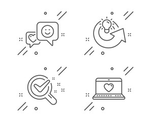 Chemistry lab, Share idea and Smile line icons set. Web love sign. Lab research, Solution, Socila media. Social network. Technology set. Line chemistry lab outline icon. Vector