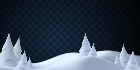 Winter landscape with snowdrifts and snowy fir trees. Vector 3d illustration. Seasonal nature background. Frosty snow hills. Natural decoration isolated on transparent background. Game art concept.