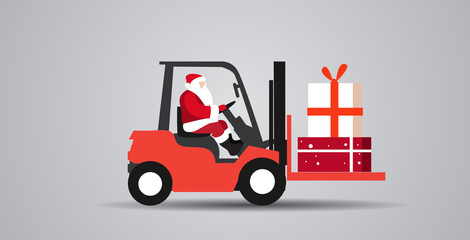 santa claus driving forklift truck loading colorful gift present boxes delivery and shipping concept merry christmas happy new year winter holidays celebration horizontal sketch vector illustration © mast3r