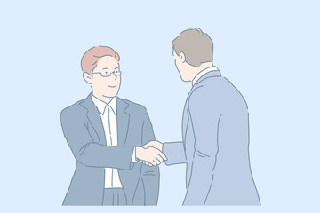 Handshake, partnership, deal concept. Young businessmen or partners shake hands with each other. Smiling business people signed a contract. Simple flat vector