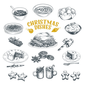 Christmas dishes hand drawn illustrations set