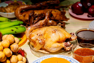 Steamed chicken and roast duck is delicious food  and popular to worship at the festival in Thailand