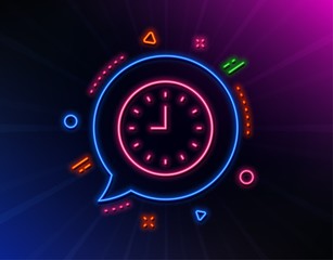 Obraz na płótnie Canvas Clock line icon. Neon laser lights. Time sign. Office Watch or Timer symbol. Glow laser speech bubble. Neon lights chat bubble. Banner badge with clock icon. Vector