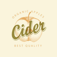 Vector label for Apple cider with a realistic image of half an apple and calligraphic inscription on a light background in retro style