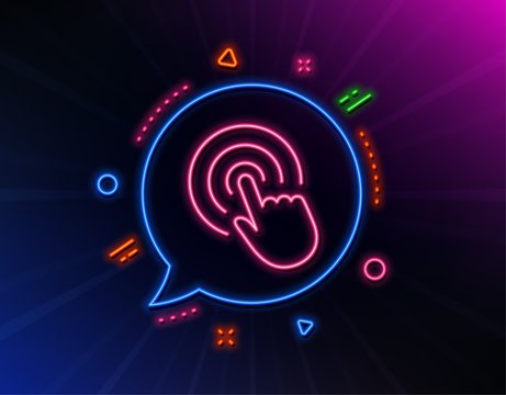 Hand Click line icon. Neon laser lights. Finger touch sign. Cursor pointer symbol. Glow laser speech bubble. Neon lights chat bubble. Banner badge with click icon. Vector