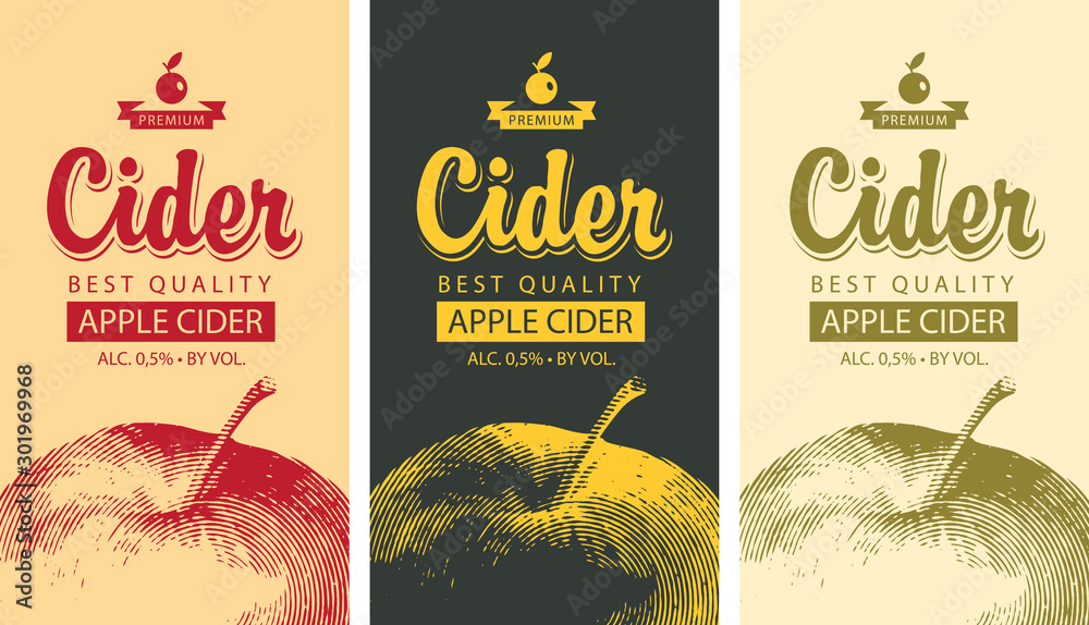 Wall mural set of vector labels for apple cider with a realistic image of an apple and calligraphic inscription