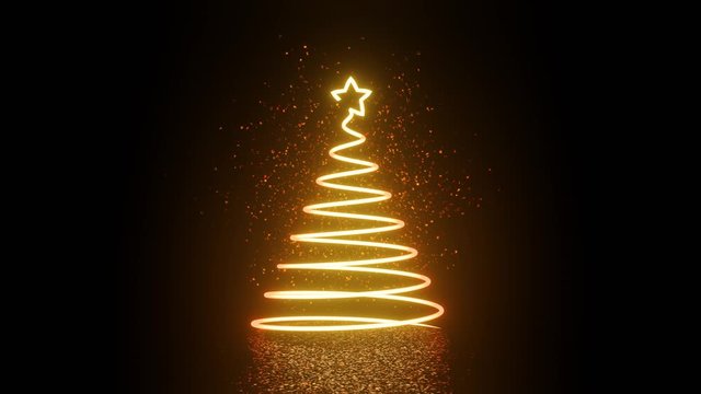 sparkling bright line of light forming a stylized Christmas tree with a star on a glitter background, 4k 