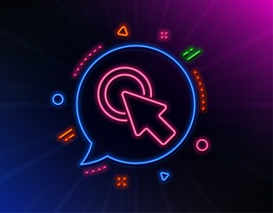 Click here line icon. Neon laser lights. Push the button sign. Web cursor symbol. Glow laser speech bubble. Neon lights chat bubble. Banner badge with click here icon. Vector