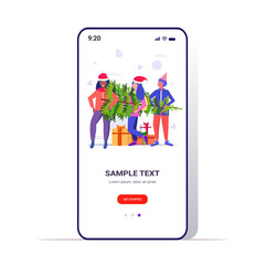 mix race women carrying freshly cut down christmas tree winter holidays celebration concept smartphone screen online mobile app full length vector illustration