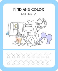 Find and color Letter A. Funny cartoon unicorn. Animals alphabet a Coloring page. Printable worksheet. Unicorns is sitting at a pajama party with popcorn and a pillow.