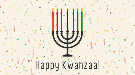 Vector illustration of Happy Kwanzaa holidays. Greeting card with menorah ans flags.