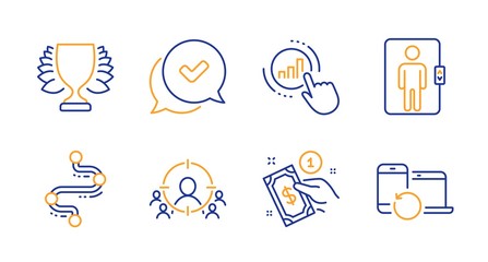 Fototapeta premium Winner, Elevator and Business targeting line icons set. Graph chart, Approved and Payment method signs. Timeline, Recovery devices symbols. Sports achievement, Office transportation. Vector