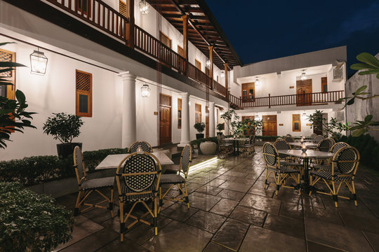 Night view Interior of beautiful luxury tropical hotel yard outdoor