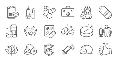 Medical drugs line icons. Healthcare, Prescription and Pill signs. Pharmacy drugs, recipe pill icons. Antibiotic capsule, syringe vaccination. Linear set. Quality line set. Vector